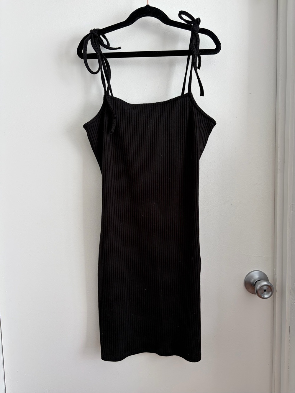 La Hearts Black Ribbed Tie-Shoulder Mini Dress